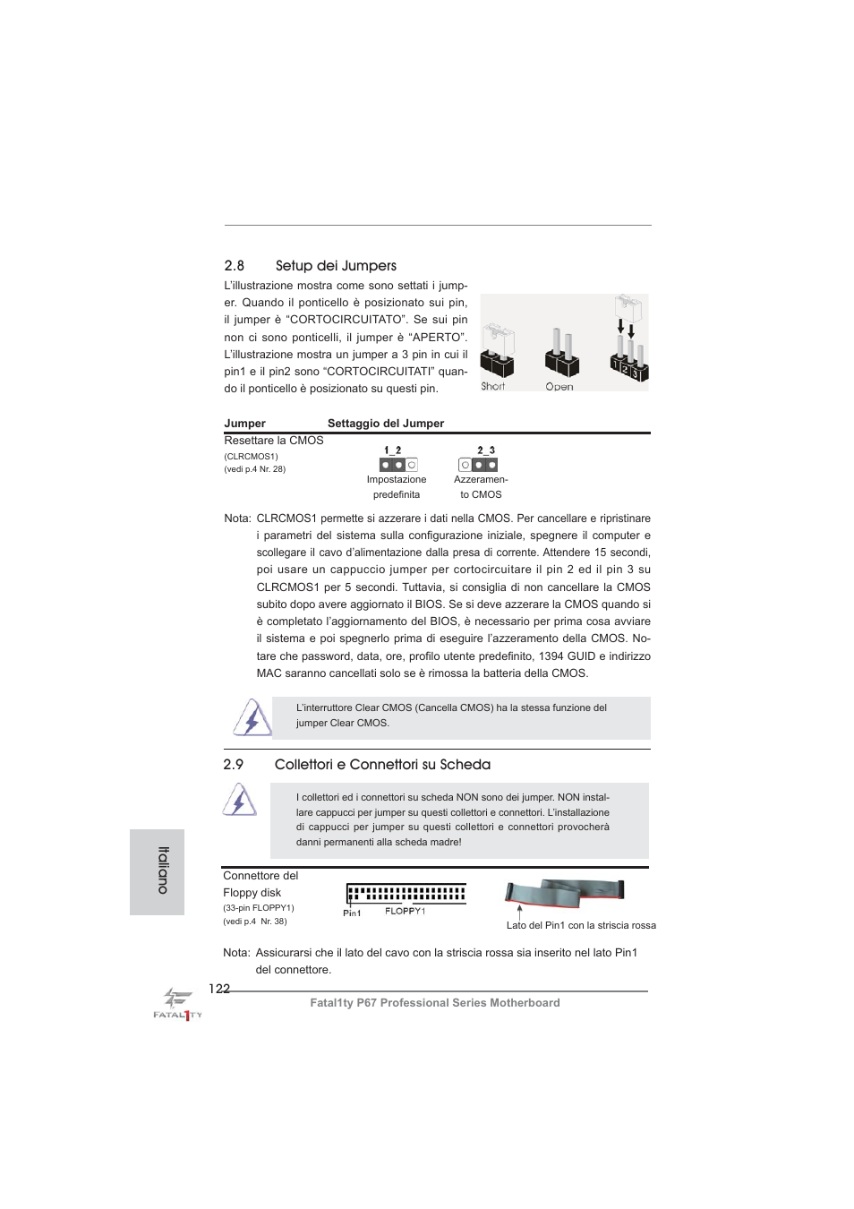 8 setup dei jumpers, 9 collettori e connettori su scheda, Italiano | ASRock Fatal1ty P67 Professional User Manual | Page 122 / 314
