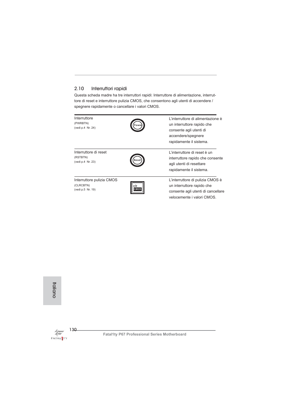 10 interruttori rapidi, Italiano | ASRock Fatal1ty P67 Professional User Manual | Page 130 / 314