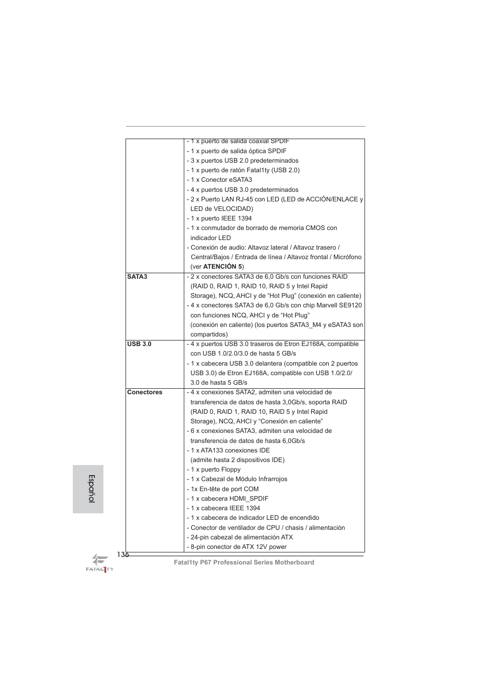Español | ASRock Fatal1ty P67 Professional User Manual | Page 136 / 314