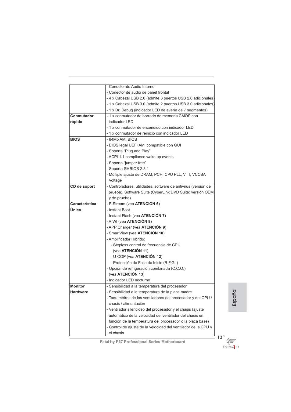 Español | ASRock Fatal1ty P67 Professional User Manual | Page 137 / 314