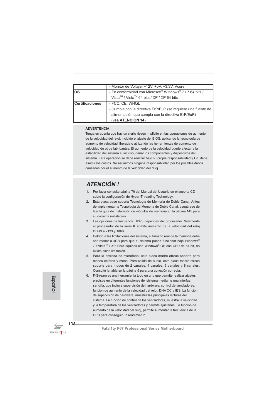 Atención, Español | ASRock Fatal1ty P67 Professional User Manual | Page 138 / 314