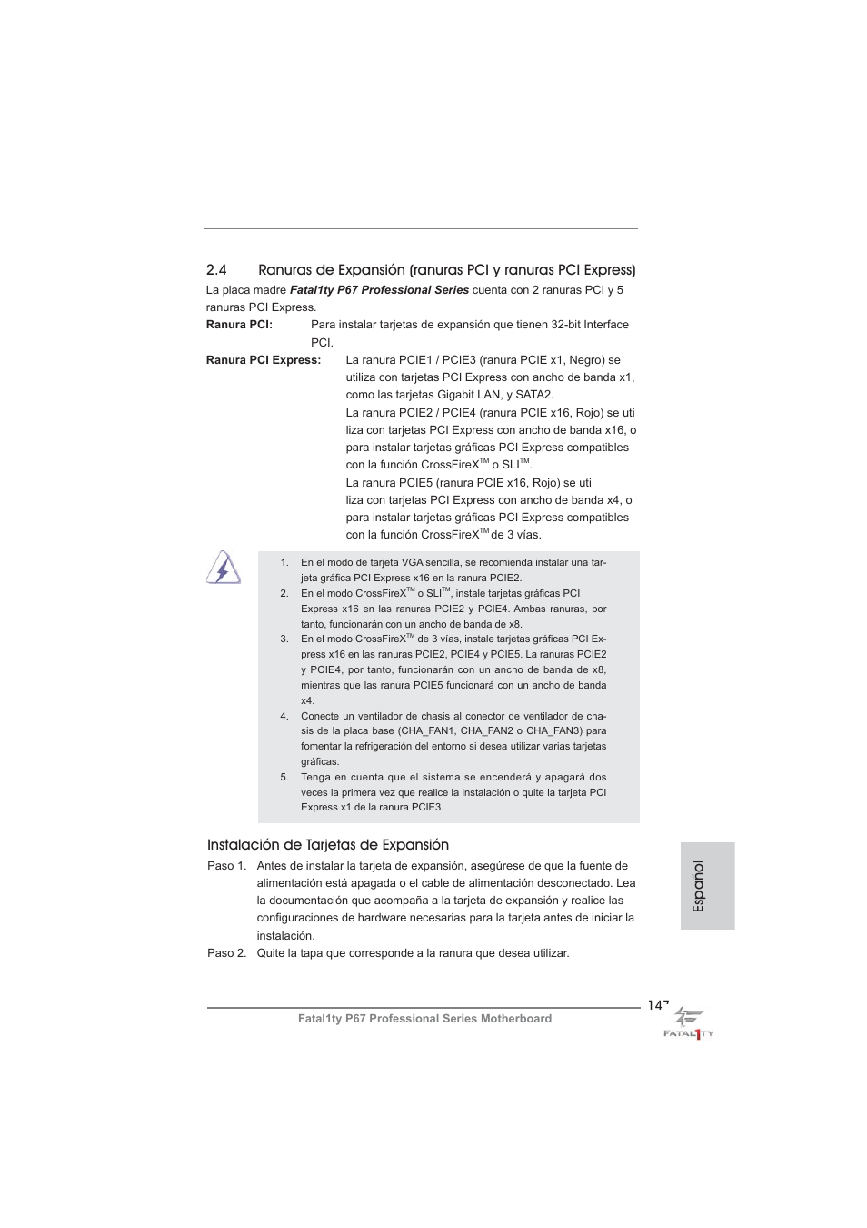 Español instalación de tarjetas de expansión | ASRock Fatal1ty P67 Professional User Manual | Page 147 / 314