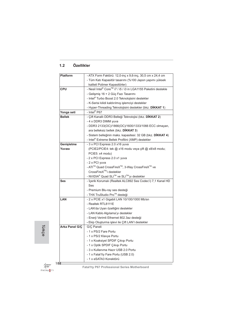 2 özellikler, Türkçe | ASRock Fatal1ty P67 Professional User Manual | Page 188 / 314