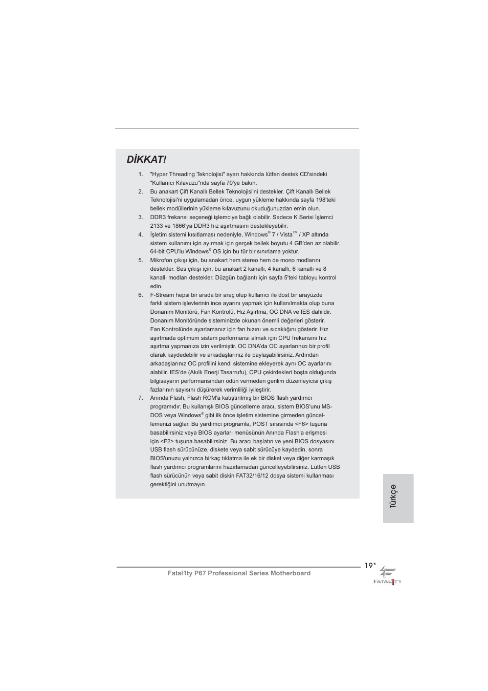 Dikkat, Türkçe | ASRock Fatal1ty P67 Professional User Manual | Page 191 / 314