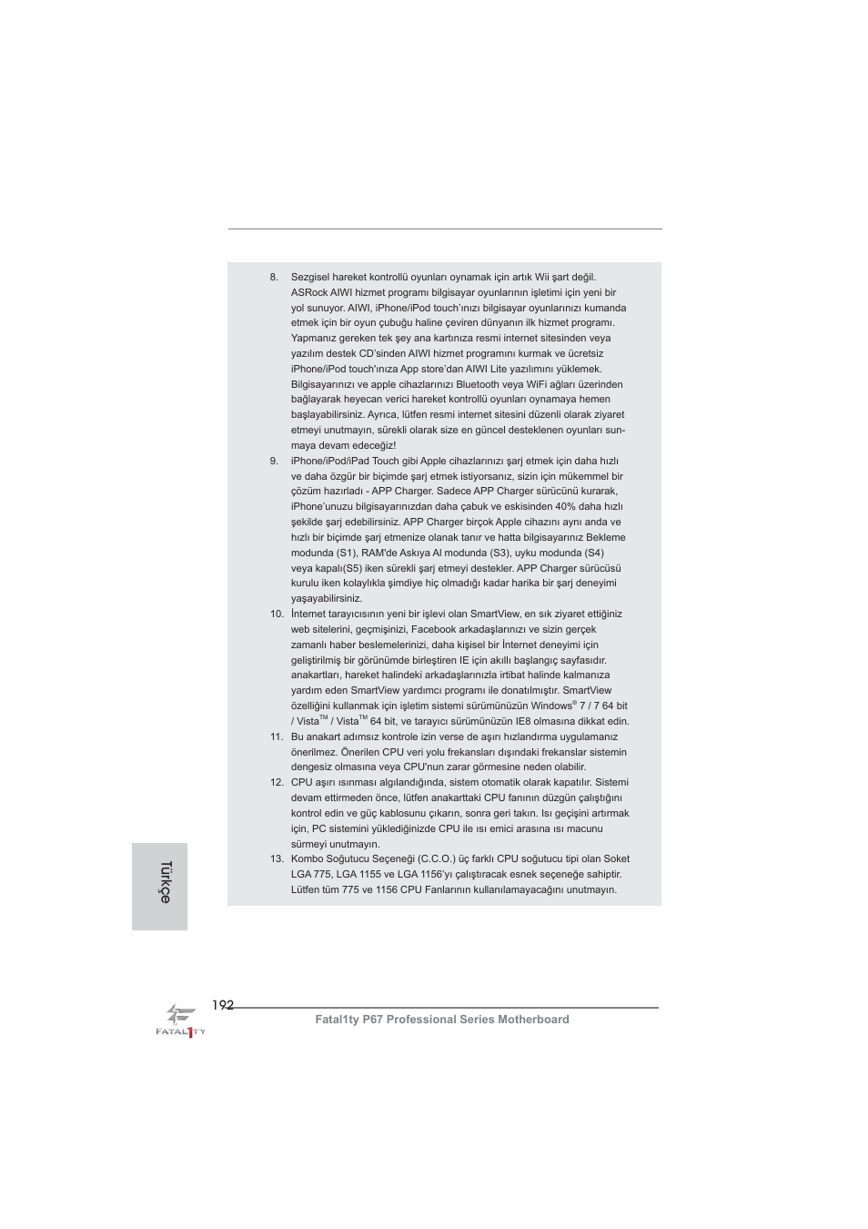 Türkçe | ASRock Fatal1ty P67 Professional User Manual | Page 192 / 314