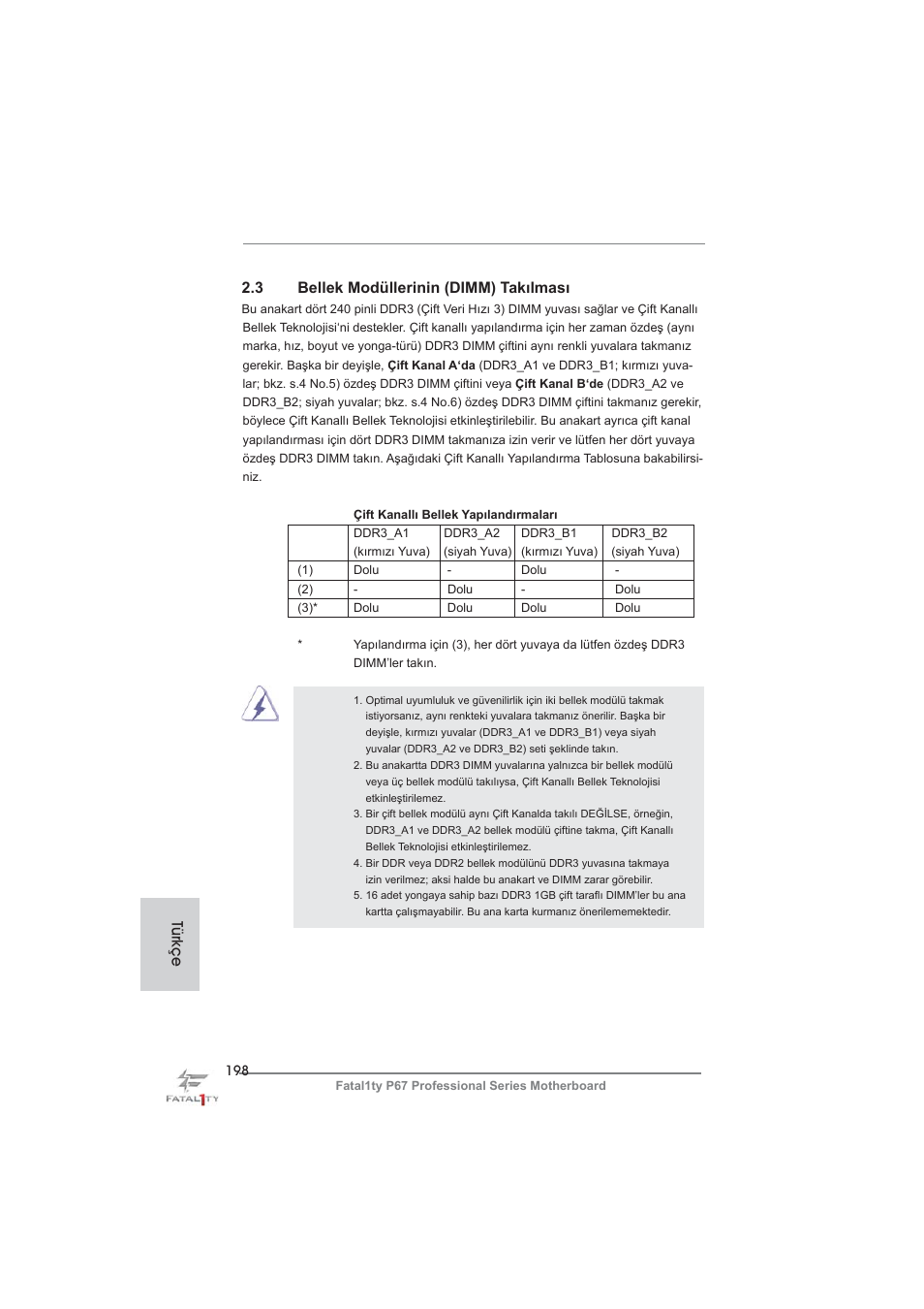 3 bellek modüllerinin (dimm) takılması, Türkçe | ASRock Fatal1ty P67 Professional User Manual | Page 198 / 314