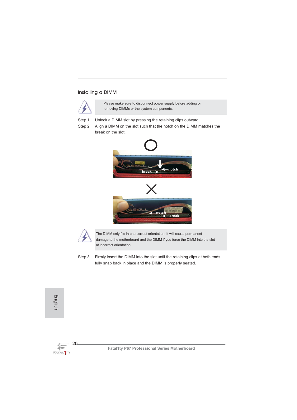 Installing a dimm, English | ASRock Fatal1ty P67 Professional User Manual | Page 20 / 314