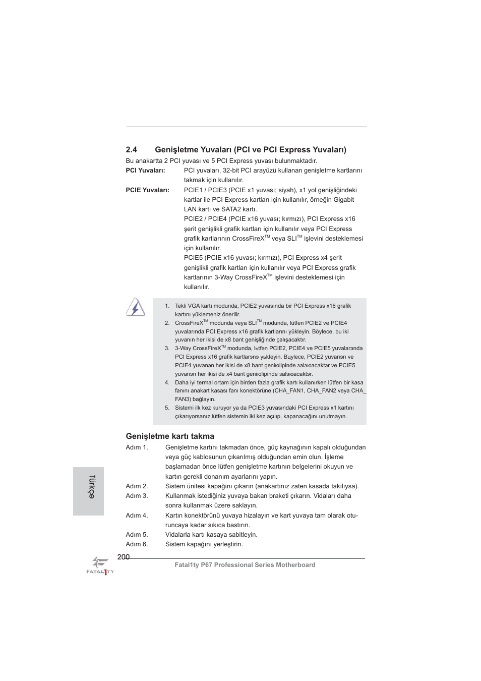 Genişletme kartı takma, Türkçe | ASRock Fatal1ty P67 Professional User Manual | Page 200 / 314