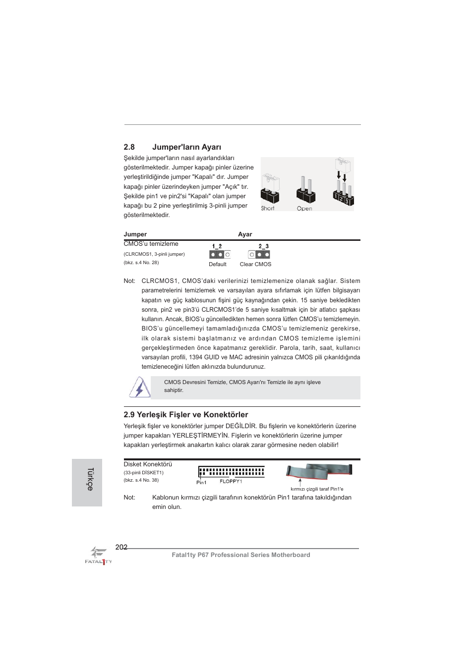 8 jumper'ların ayarı, 9 yerleşik fişler ve konektörler, Türkçe | ASRock Fatal1ty P67 Professional User Manual | Page 202 / 314