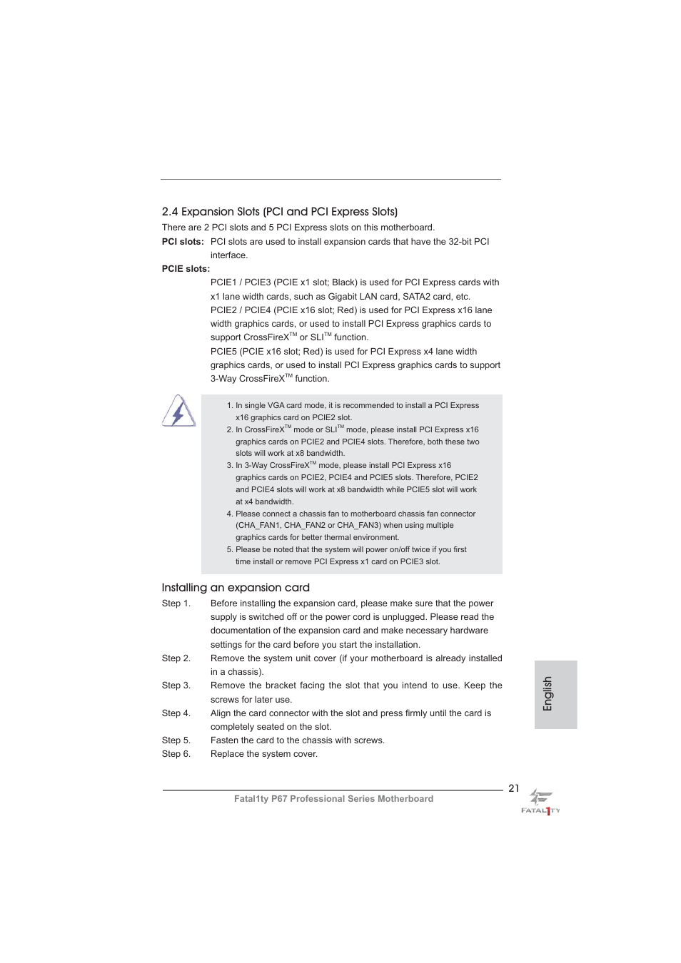 Installing an expansion card | ASRock Fatal1ty P67 Professional User Manual | Page 21 / 314
