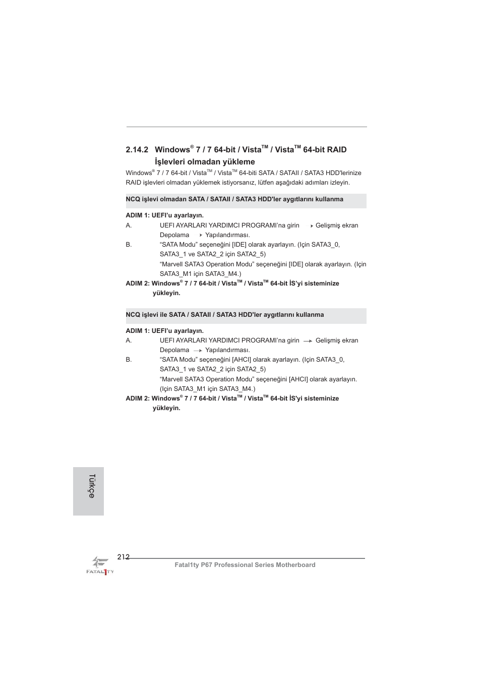 2 windows, 7 / 7 64-bit / vista, Vista | Bit raid işlevleri olmadan yükleme, Türkçe | ASRock Fatal1ty P67 Professional User Manual | Page 212 / 314