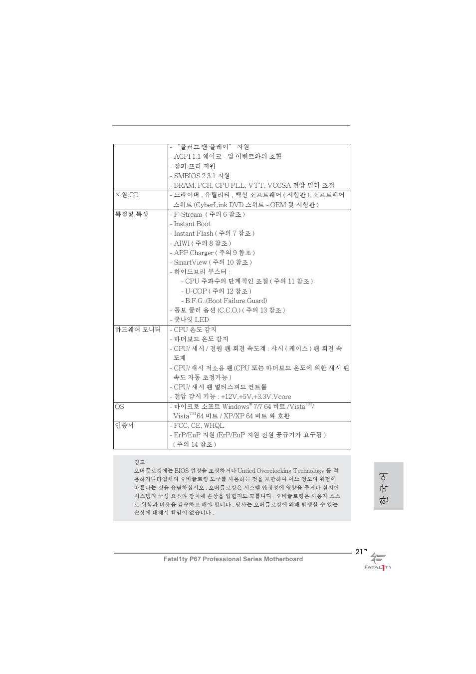 한 국 어 | ASRock Fatal1ty P67 Professional User Manual | Page 217 / 314