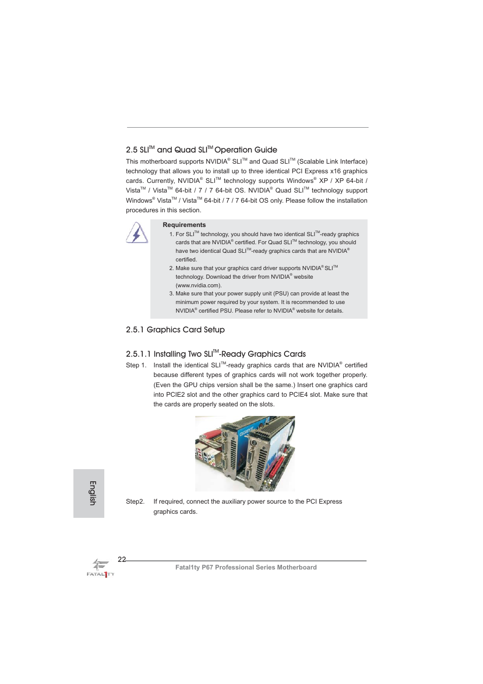 English 2.5 sli, And quad sli, Operation guide | Ready graphics cards | ASRock Fatal1ty P67 Professional User Manual | Page 22 / 314