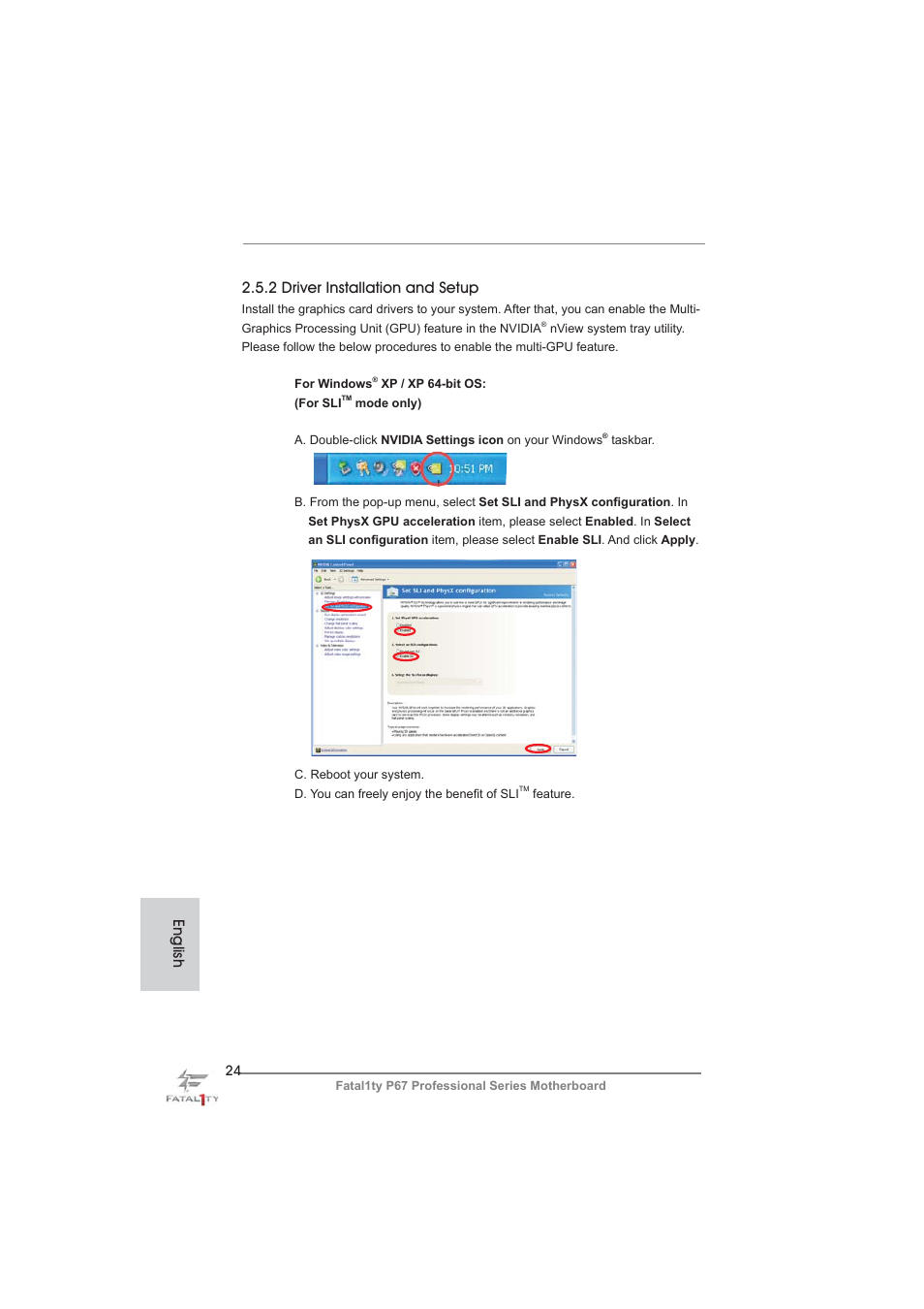 English 2.5.2 driver installation and setup | ASRock Fatal1ty P67 Professional User Manual | Page 24 / 314