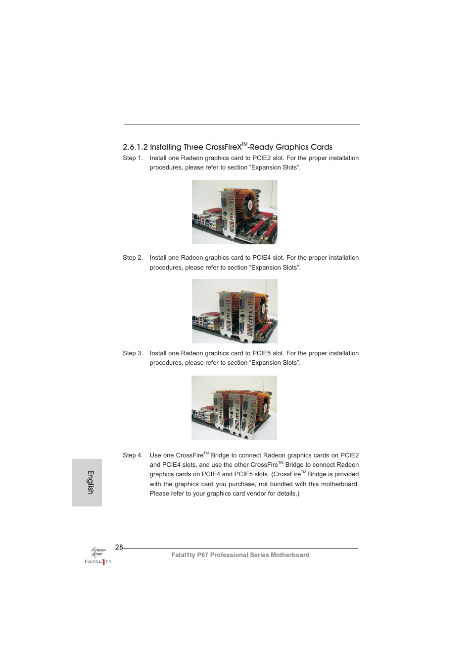 English 2.6.1.2 installing three crossfirex, Ready graphics cards | ASRock Fatal1ty P67 Professional User Manual | Page 28 / 314