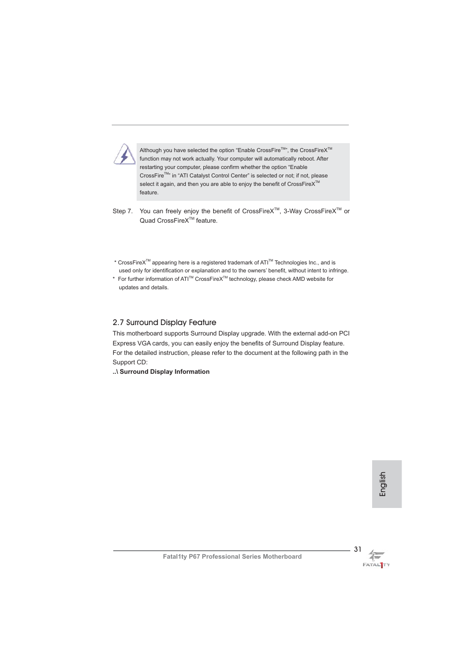 English, 7 surround display feature | ASRock Fatal1ty P67 Professional User Manual | Page 31 / 314