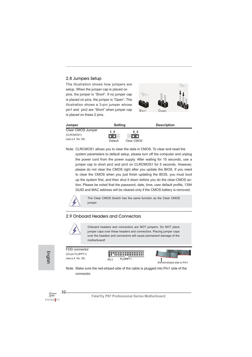 English 2.8 jumpers setup, 9 onboard headers and connectors | ASRock Fatal1ty P67 Professional User Manual | Page 32 / 314