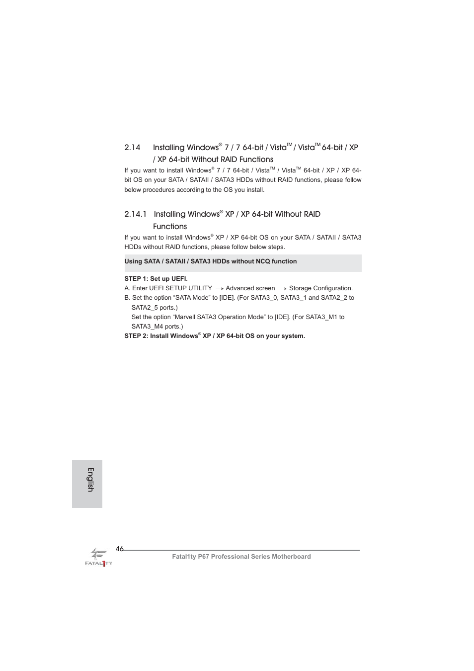 14 installing windows, 7 / 7 64-bit / vista, Vista | Bit / xp / xp 64-bit without raid functions, 1 installing windows, Xp / xp 64-bit without raid functions, English | ASRock Fatal1ty P67 Professional User Manual | Page 46 / 314