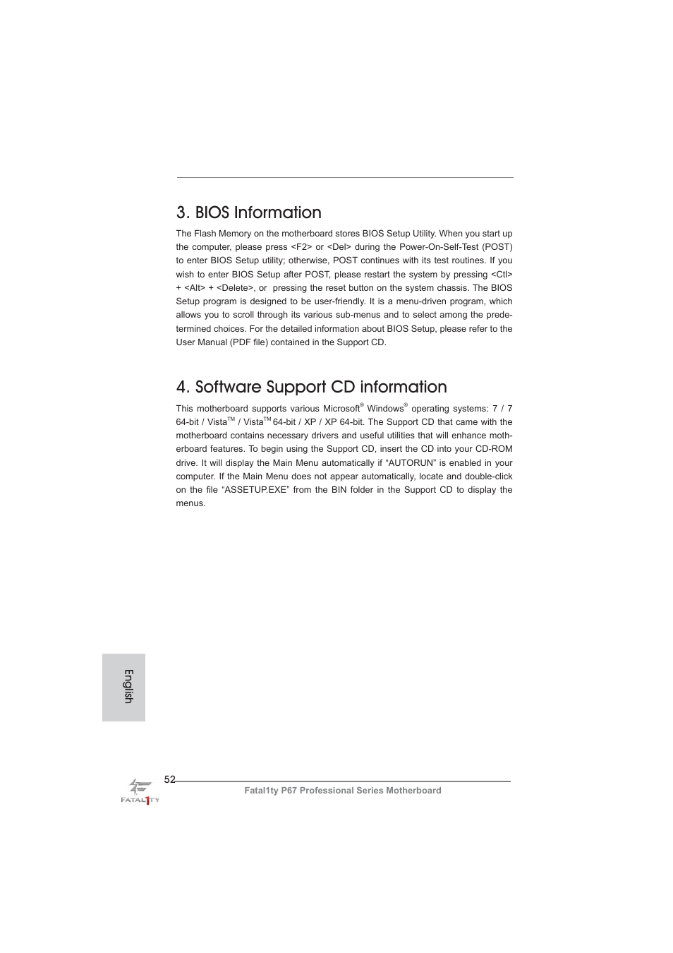 Bios information, Software support cd information, English | ASRock Fatal1ty P67 Professional User Manual | Page 52 / 314