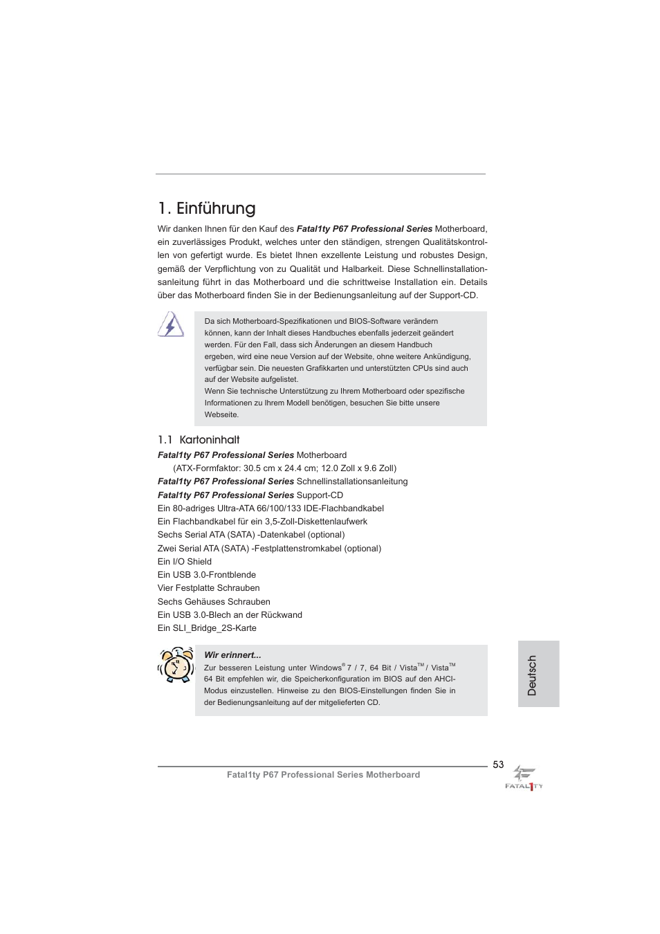 German, Einführung, 1 kartoninhalt | Deutsch | ASRock Fatal1ty P67 Professional User Manual | Page 53 / 314