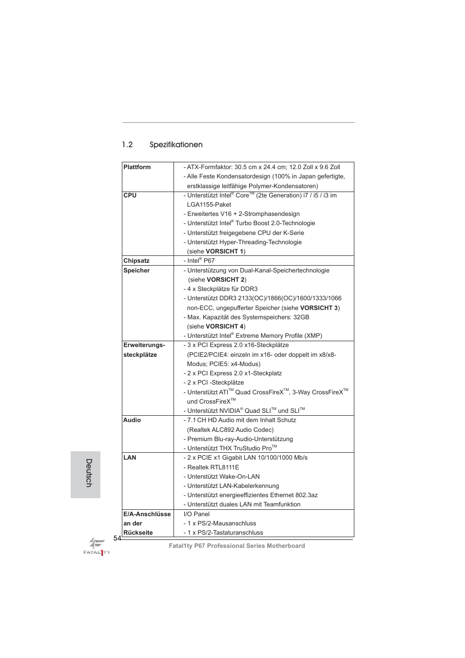 2 spezifikationen, Deutsch | ASRock Fatal1ty P67 Professional User Manual | Page 54 / 314