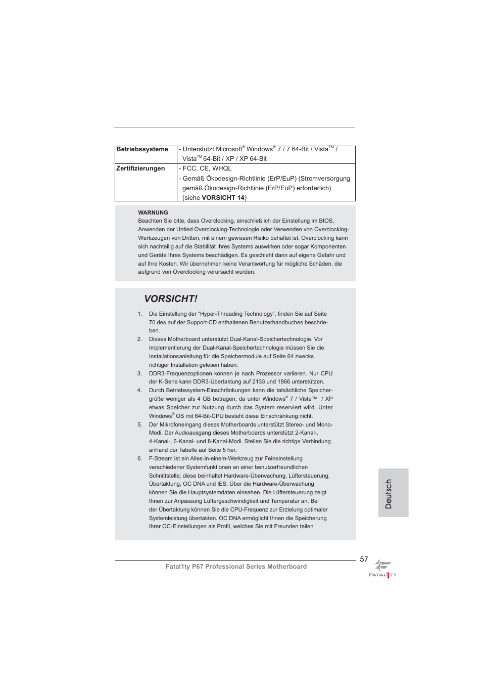 Vorsicht, Deutsch | ASRock Fatal1ty P67 Professional User Manual | Page 57 / 314