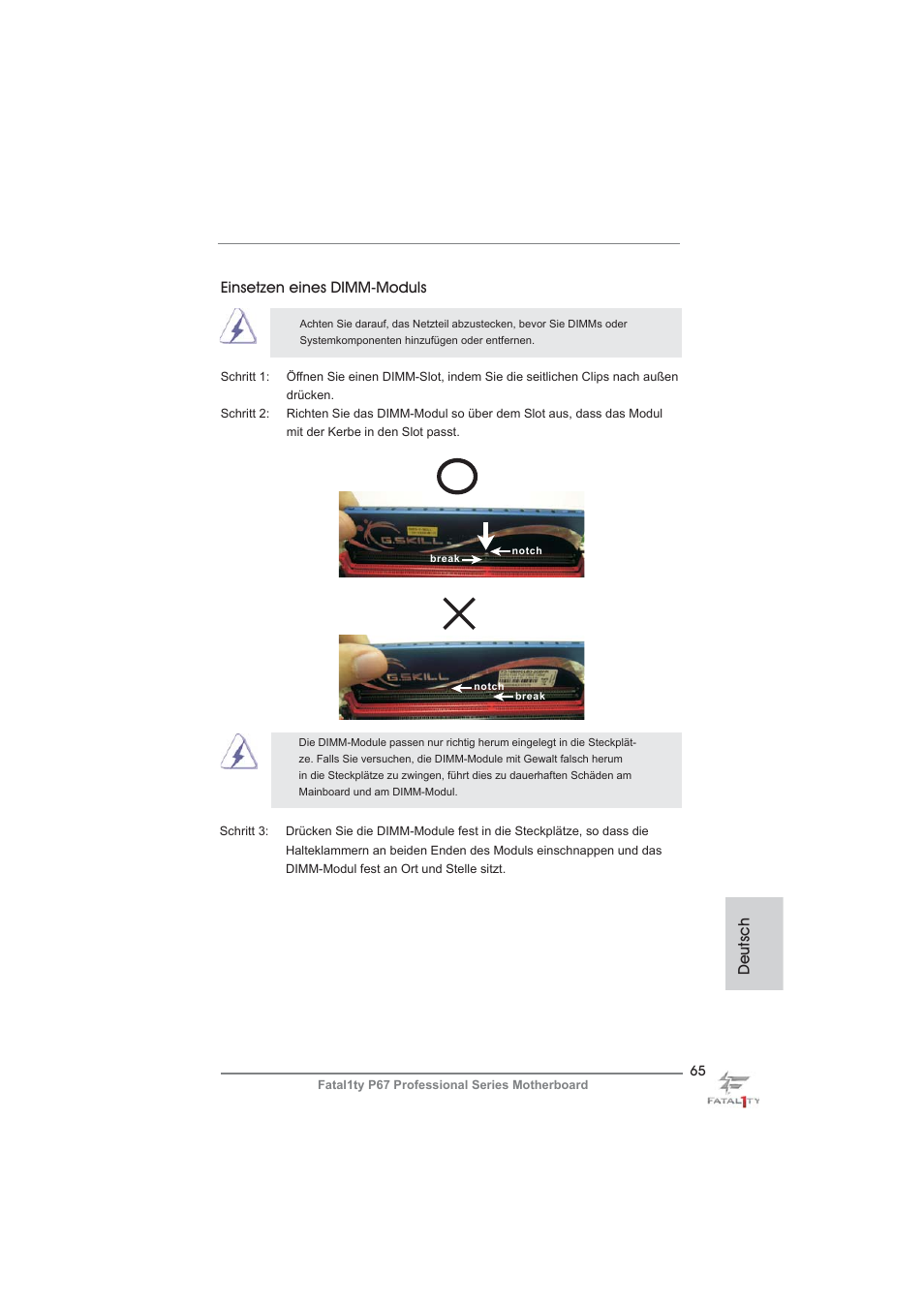 Deutsch, Einsetzen eines dimm-moduls | ASRock Fatal1ty P67 Professional User Manual | Page 65 / 314