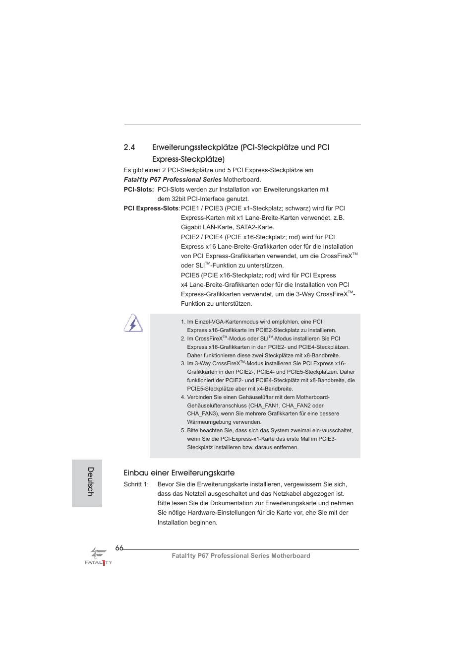 Einbau einer erweiterungskarte, Deutsch | ASRock Fatal1ty P67 Professional User Manual | Page 66 / 314