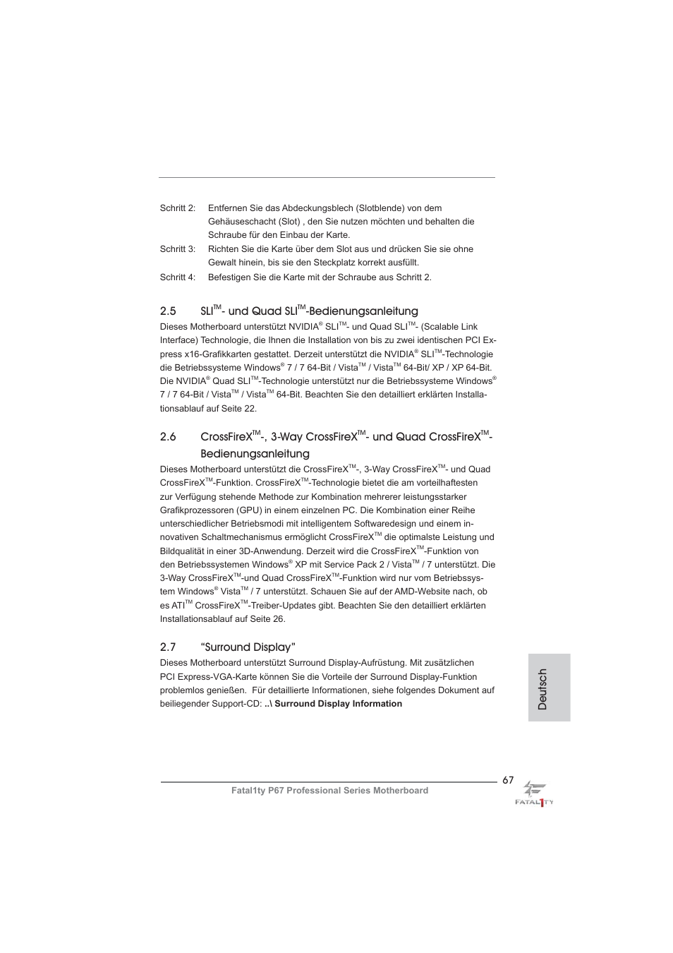 Deutsch, 5 sli, Und quad sli | Bedienungsanleitung, 6 crossfirex, Way crossfirex, Und quad crossfirex, 7 “surround display | ASRock Fatal1ty P67 Professional User Manual | Page 67 / 314