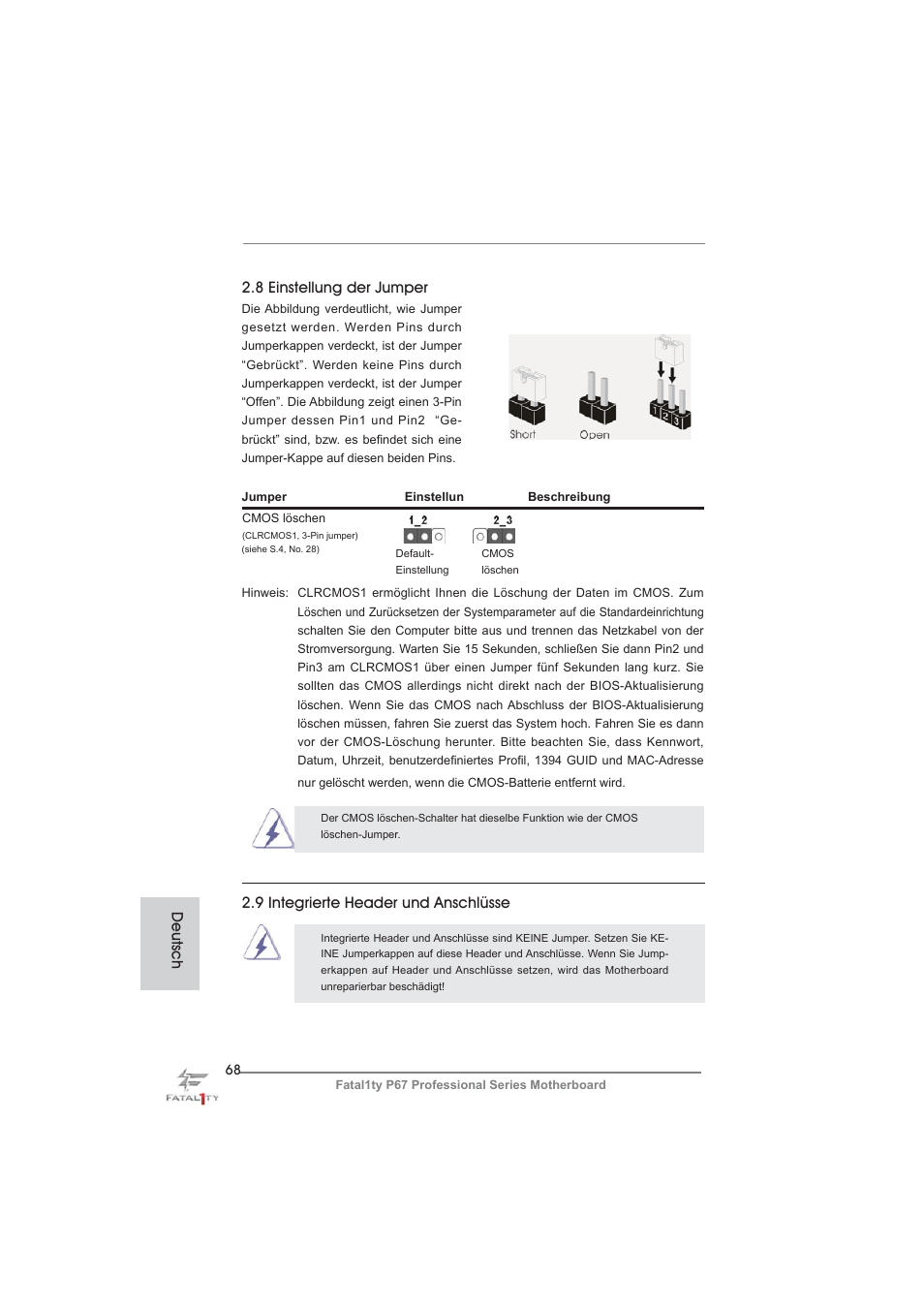 8 einstellung der jumper, Deutsch 2.9 integrierte header und anschlüsse | ASRock Fatal1ty P67 Professional User Manual | Page 68 / 314
