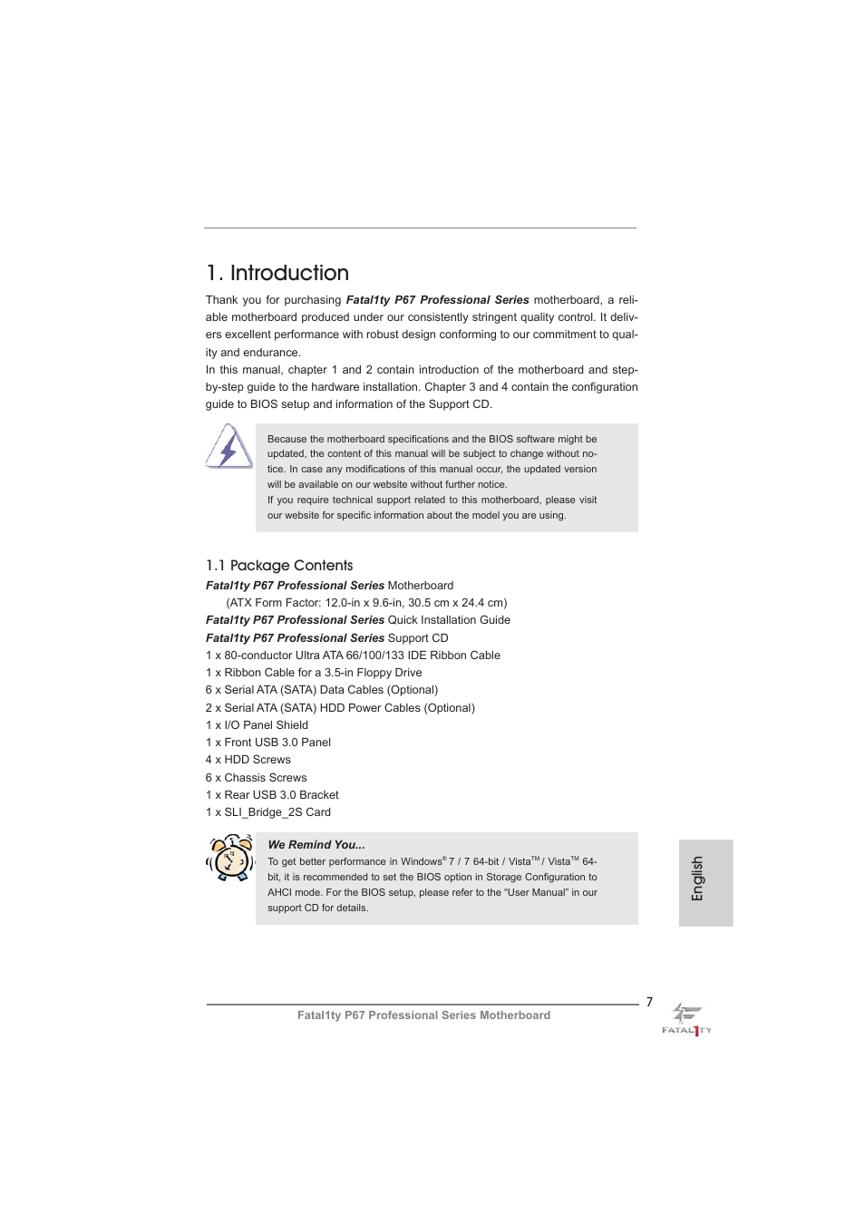 Introduction, 1 package contents, English | ASRock Fatal1ty P67 Professional User Manual | Page 7 / 314