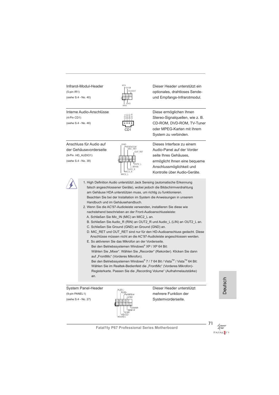 Deutsch | ASRock Fatal1ty P67 Professional User Manual | Page 71 / 314