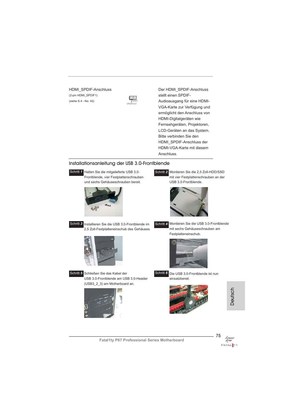 Deutsch, Installationsanleitung der usb 3.0-frontblende | ASRock Fatal1ty P67 Professional User Manual | Page 75 / 314