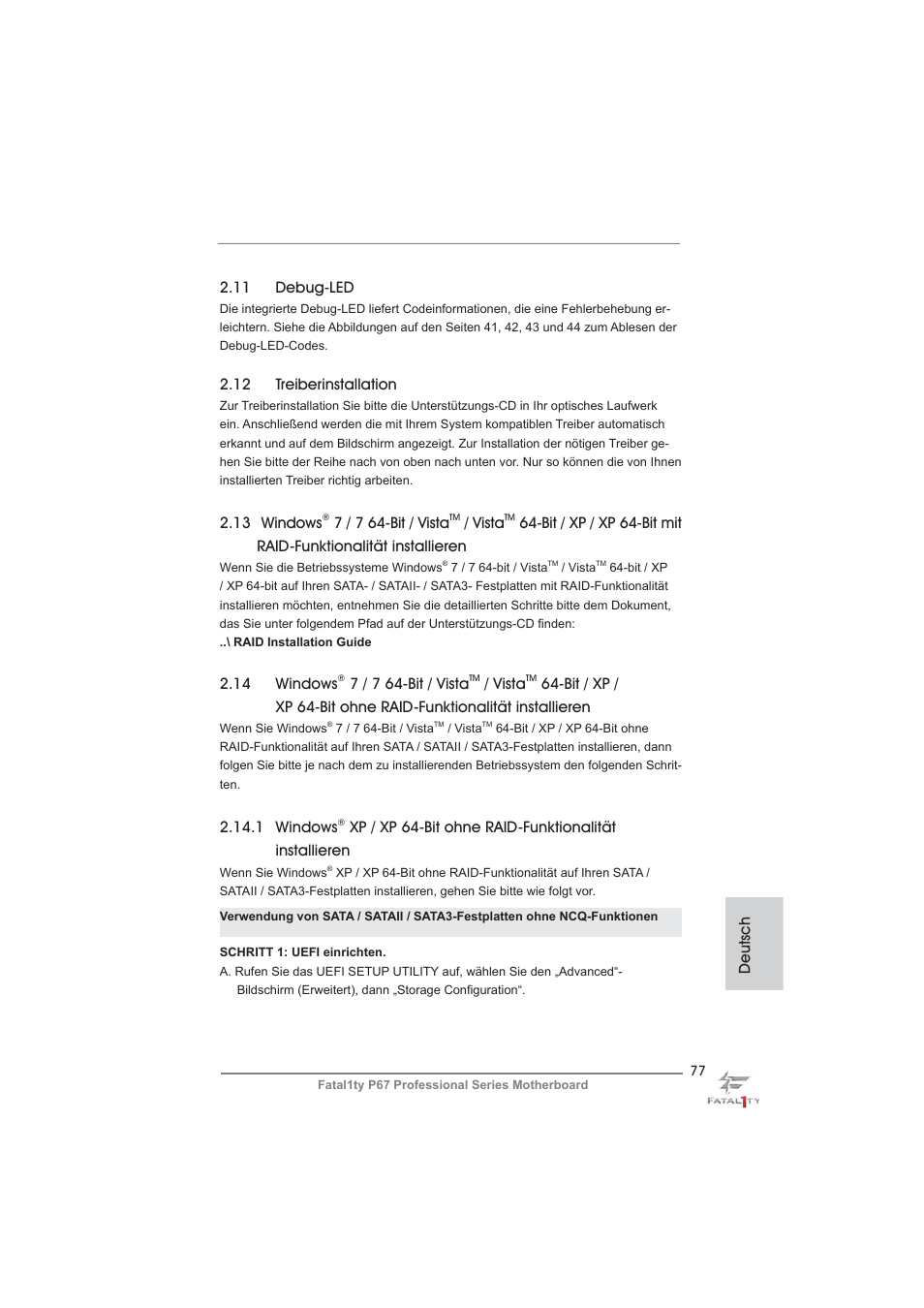 Deutsch 2.14 windows, 7 / 7 64-bit / vista, Vista | 12 treiberinstallation, 1 windows, 13 windows, 11 debug-led | ASRock Fatal1ty P67 Professional User Manual | Page 77 / 314
