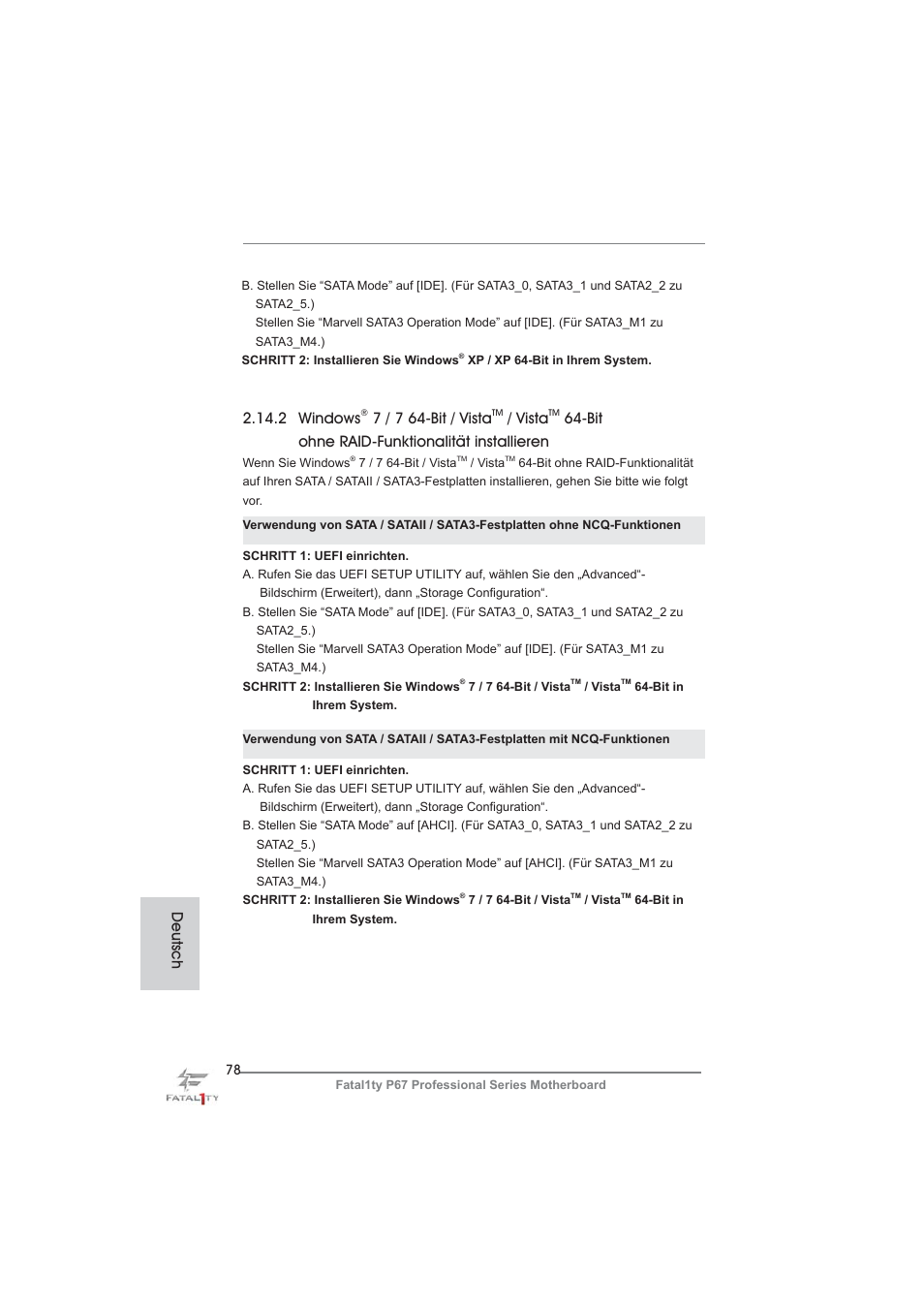 2 windows, 7 / 7 64-bit / vista, Vista | Bit ohne raid-funktionalität installieren, Deutsch | ASRock Fatal1ty P67 Professional User Manual | Page 78 / 314