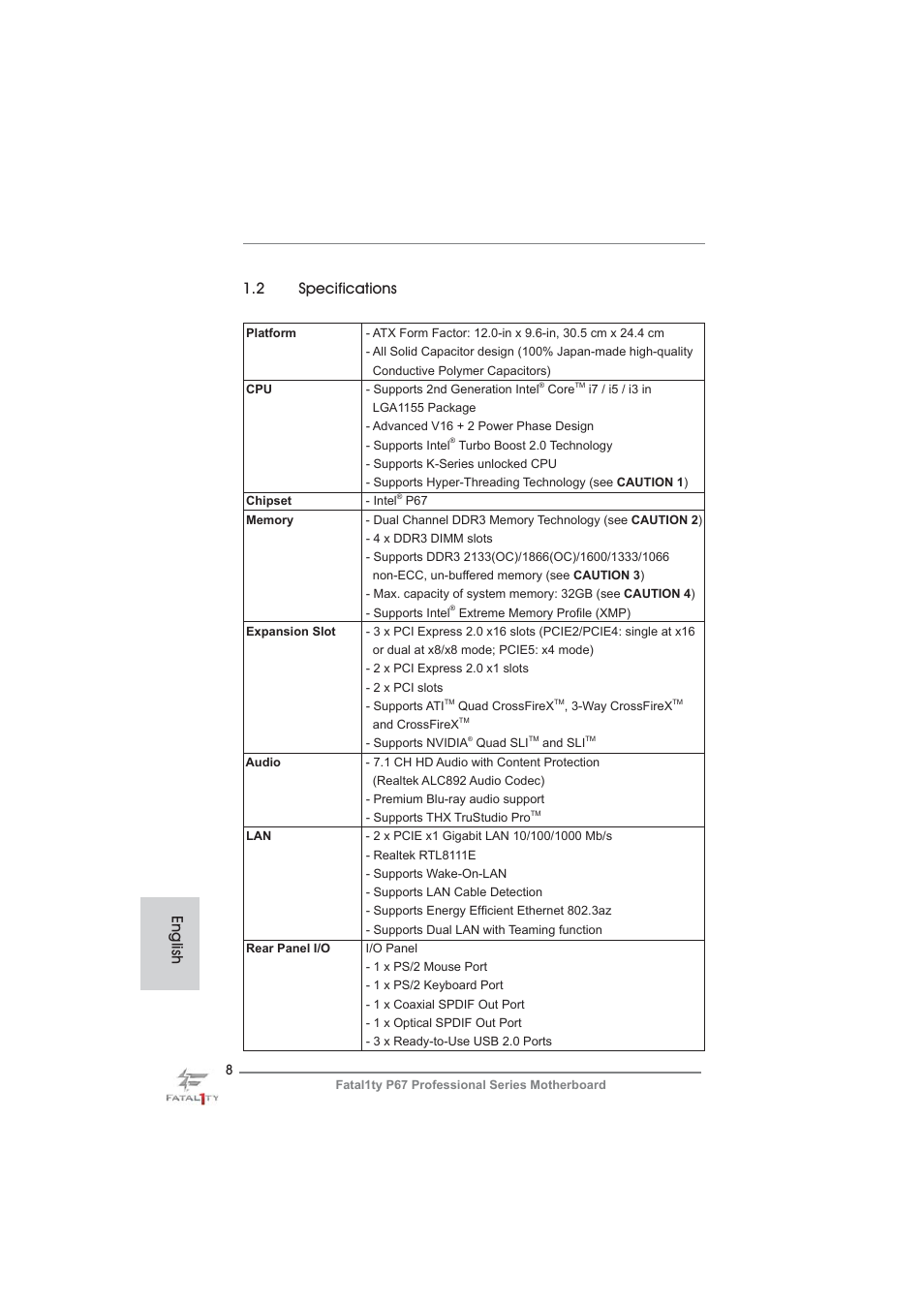 English 1.2 specifications | ASRock Fatal1ty P67 Professional User Manual | Page 8 / 314