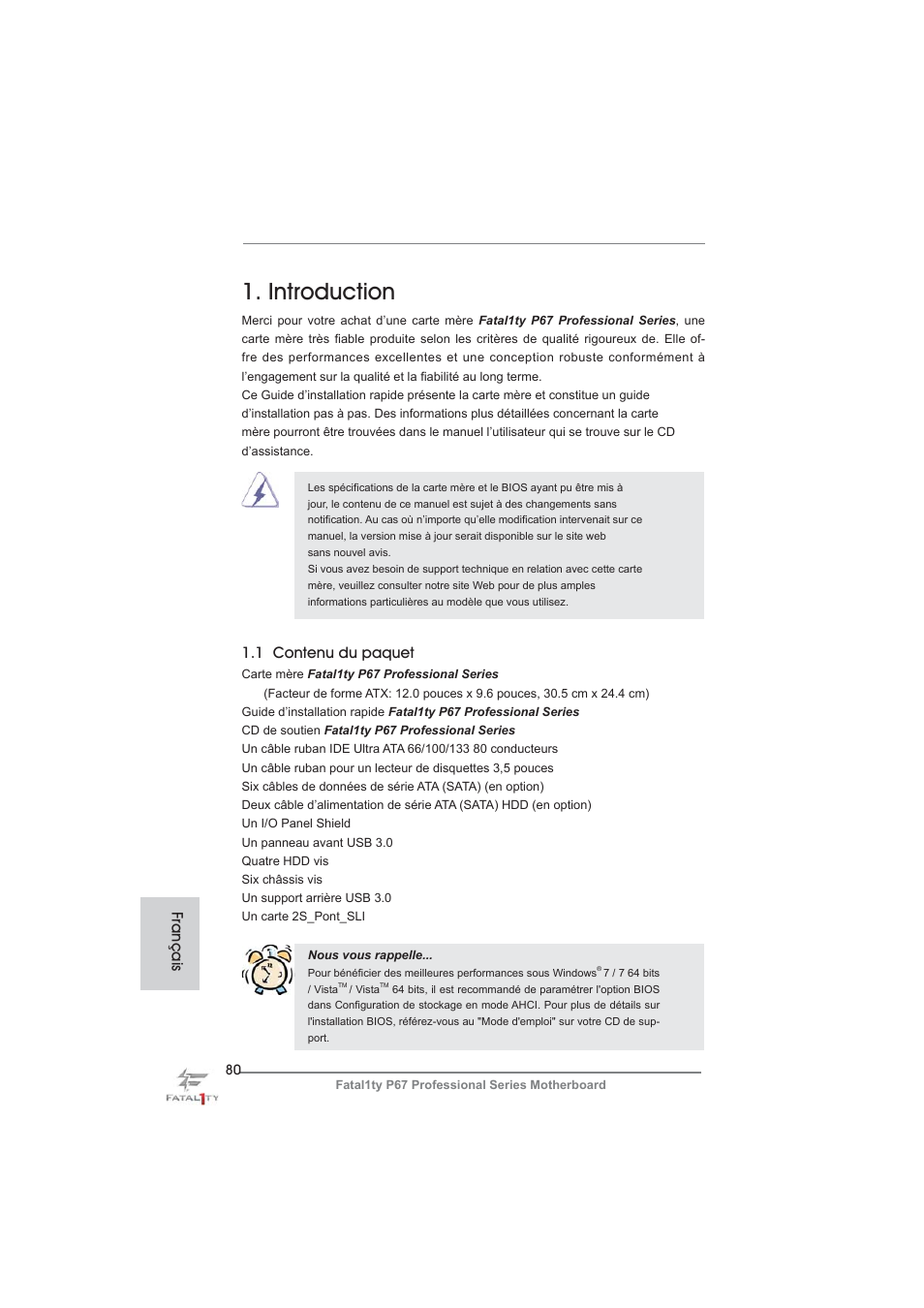 French, Introduction, 1 contenu du paquet | Français | ASRock Fatal1ty P67 Professional User Manual | Page 80 / 314