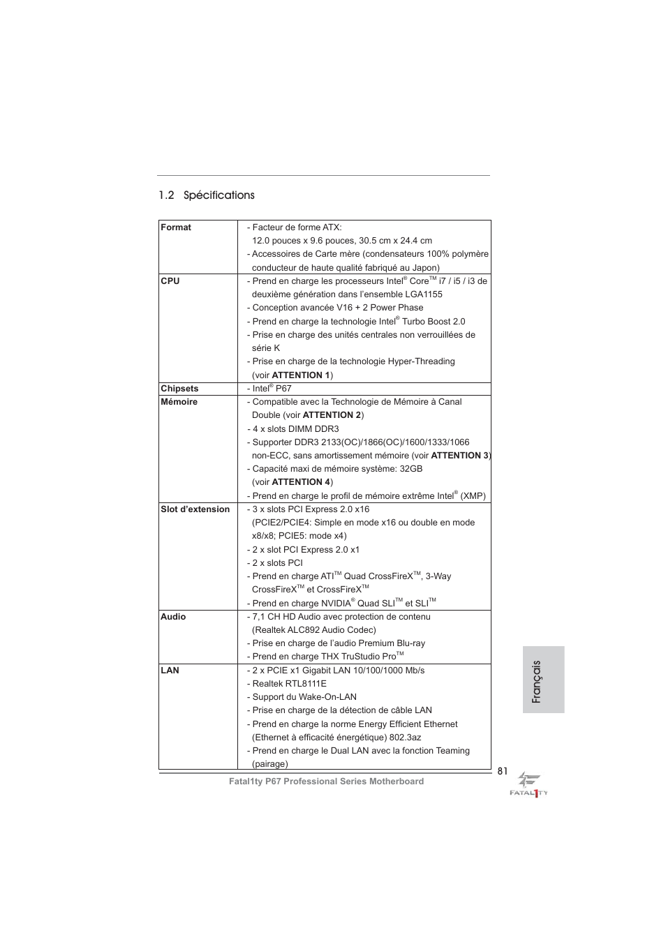Français 1.2 spécifications | ASRock Fatal1ty P67 Professional User Manual | Page 81 / 314