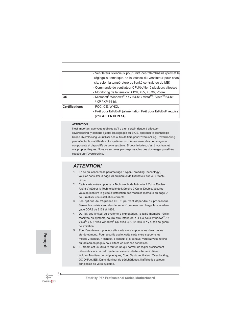 Attention, Français | ASRock Fatal1ty P67 Professional User Manual | Page 84 / 314