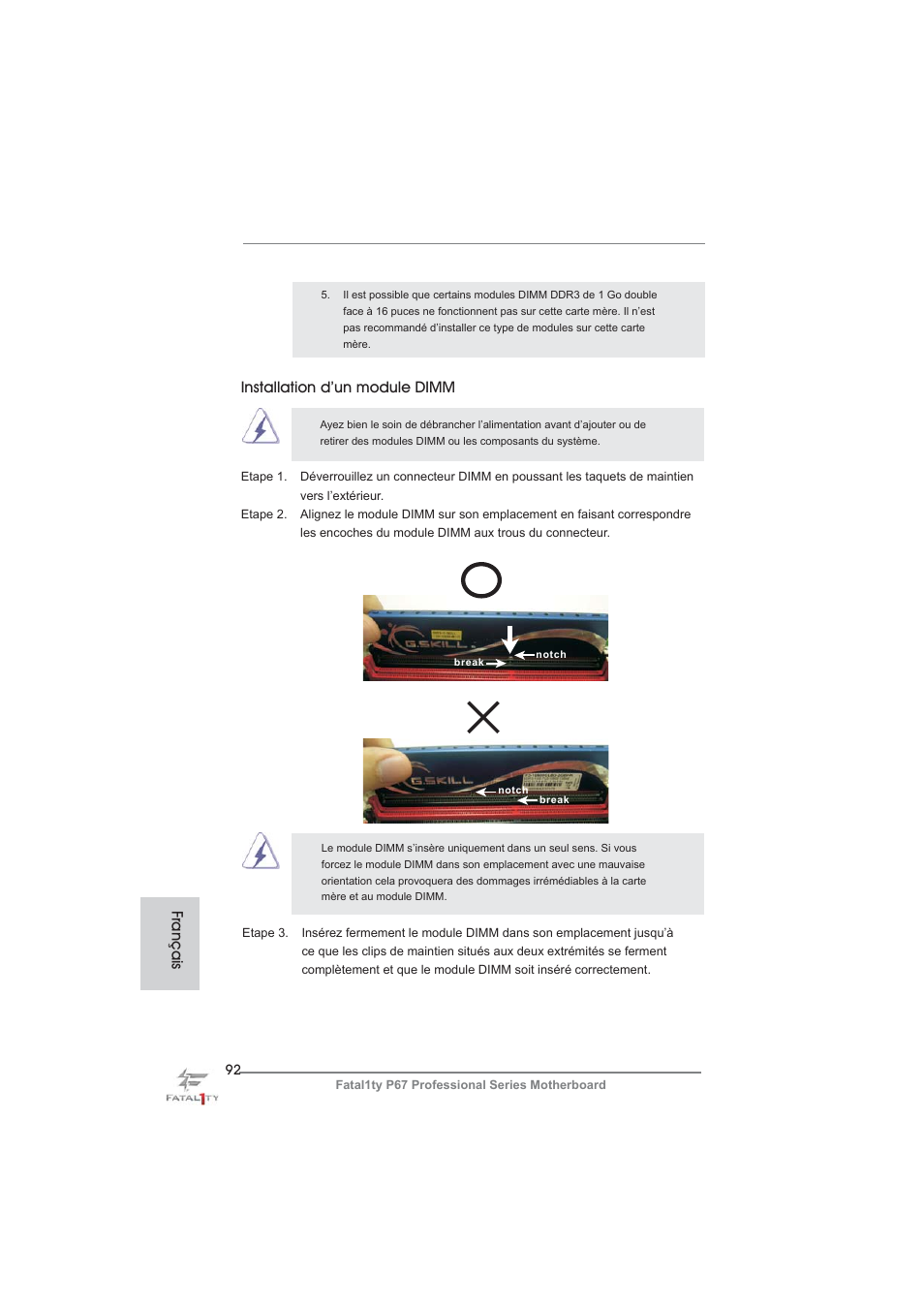 Installation d’un module dimm, Français | ASRock Fatal1ty P67 Professional User Manual | Page 92 / 314