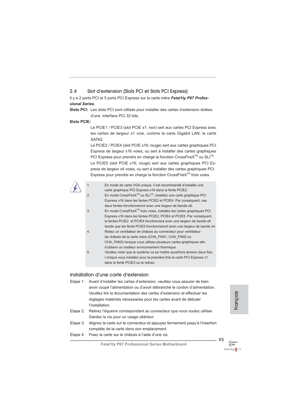 Français installation d’une carte d’extension | ASRock Fatal1ty P67 Professional User Manual | Page 93 / 314