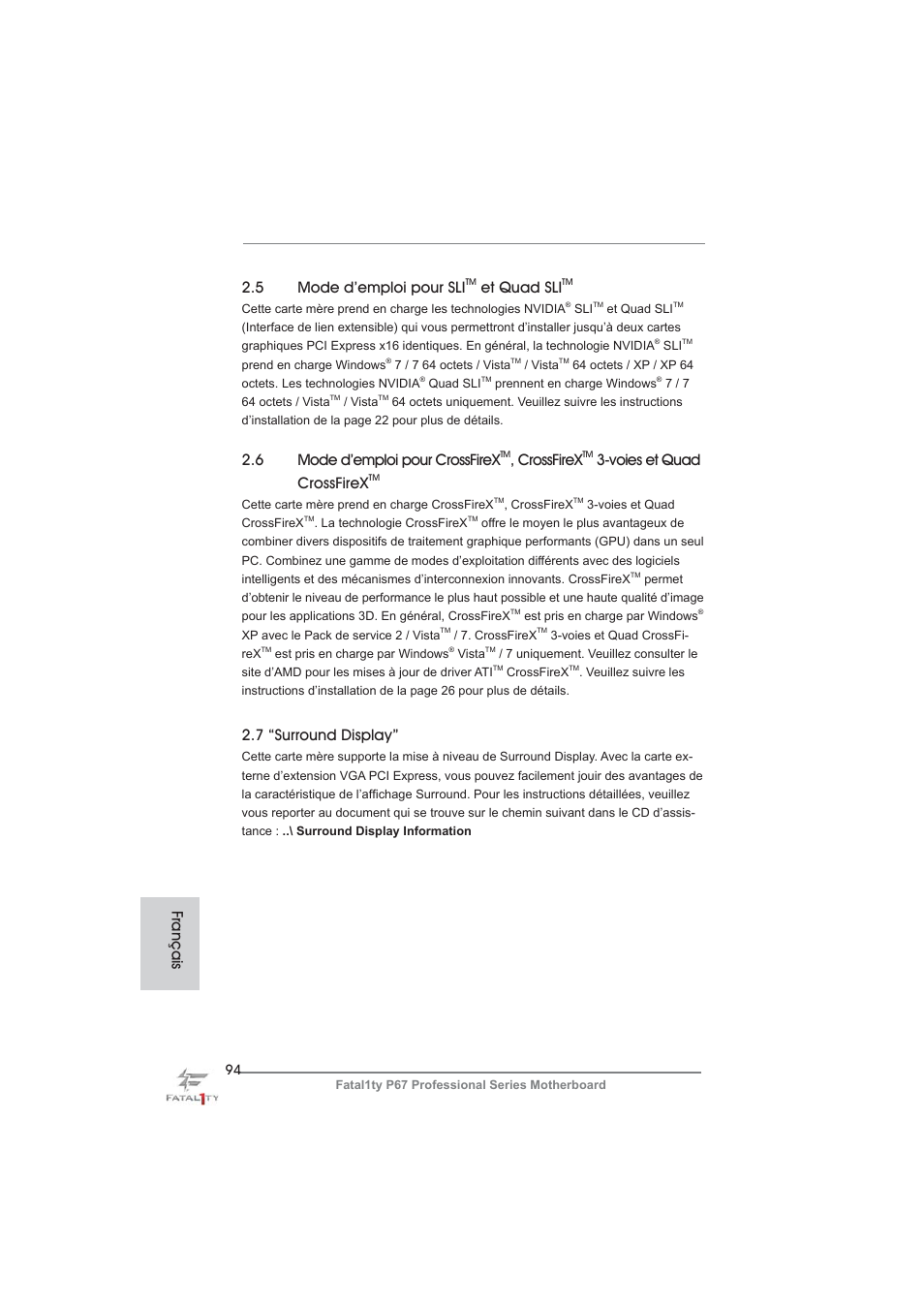 5 mode d’emploi pour sli, Et quad sli, 6 mode d’emploi pour crossfirex | Crossfirex, Voies et quad crossfirex, 7 “surround display, Français | ASRock Fatal1ty P67 Professional User Manual | Page 94 / 314
