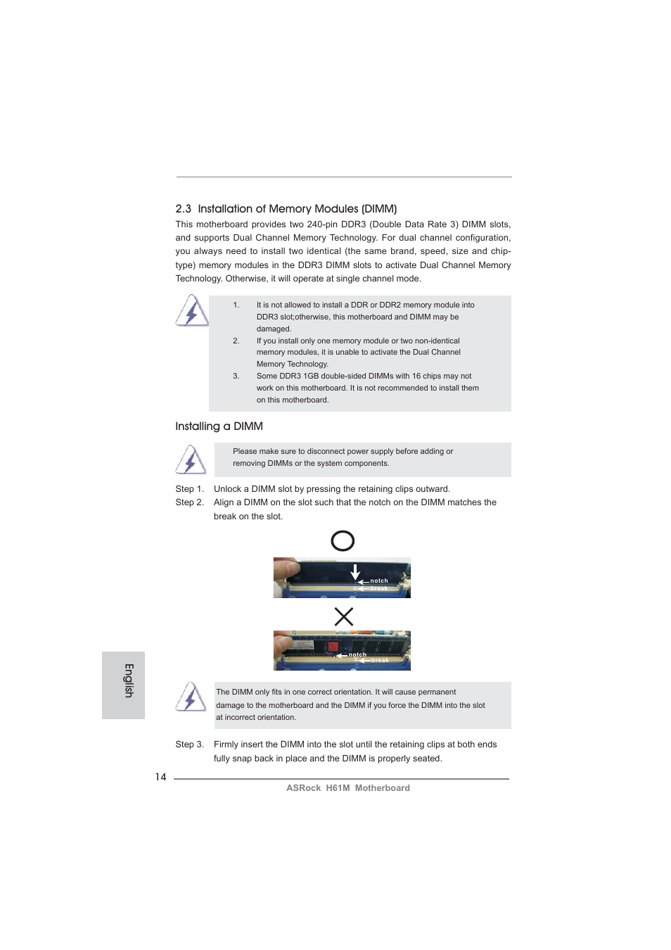 Installing a dimm, English | ASRock H61M User Manual | Page 14 / 158