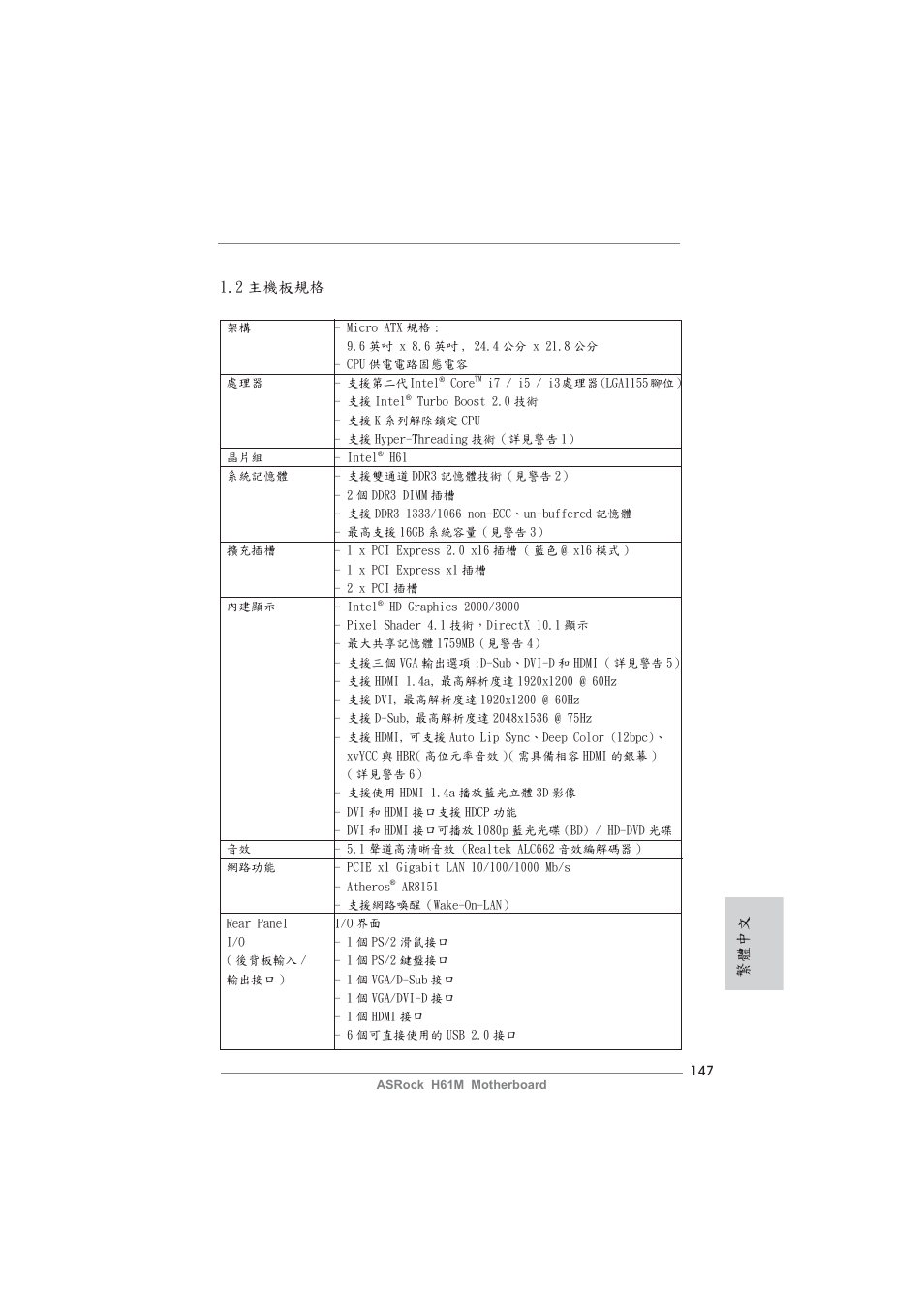 繁體中文 1.2 主機板規格 | ASRock H61M User Manual | Page 147 / 158