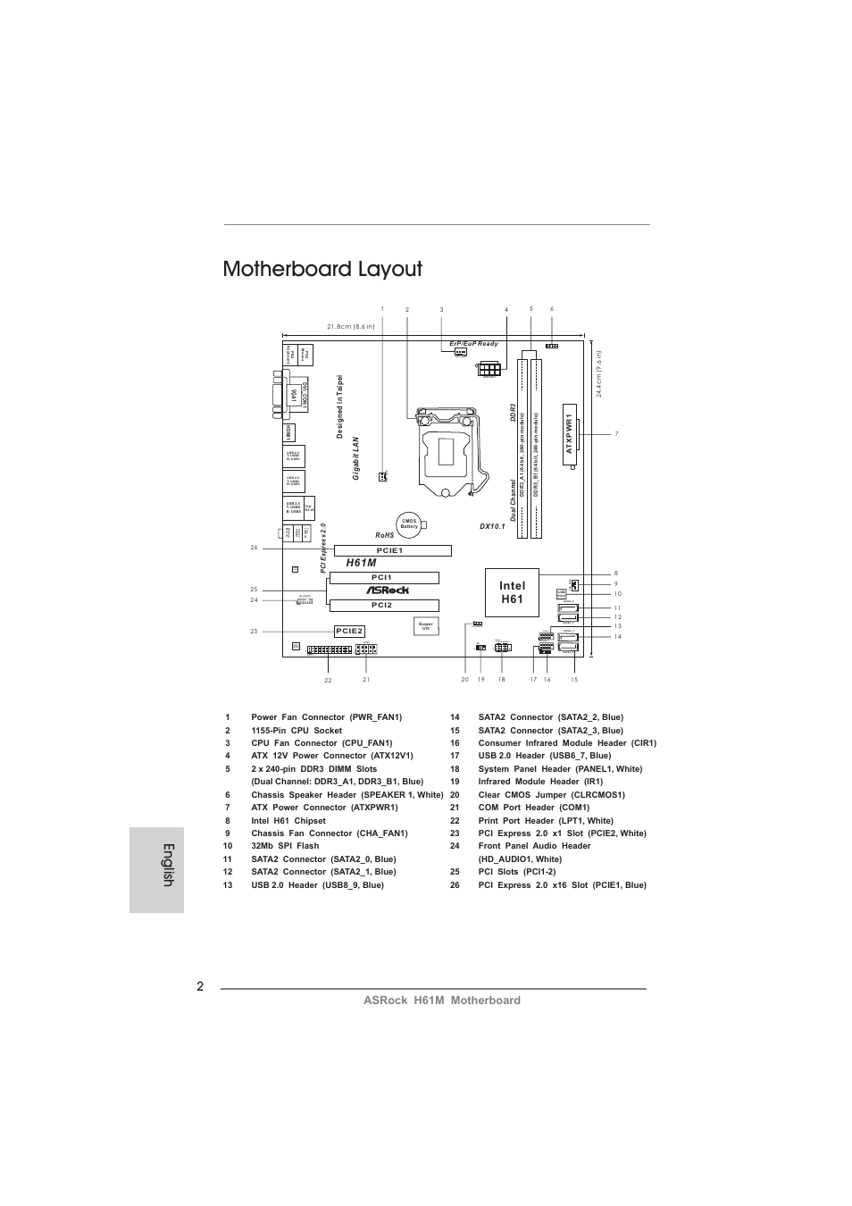 Motherboard layout, English, Lan phy | Usb6_7, Cir1, Hdled reset pled pwrbtn panel1, Speaker1, Usb8_9, Asrock h61m motherboard, Intel h61 h61m | ASRock H61M User Manual | Page 2 / 158