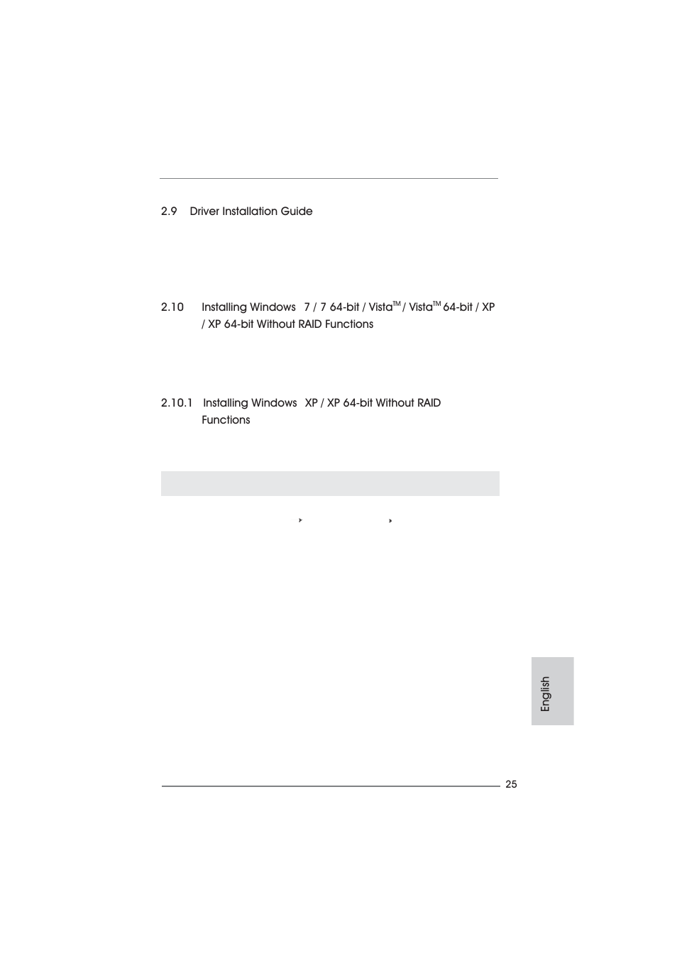 English 2.9 driver installation guide, 10 installing windows, 7 / 7 64-bit / vista | Vista, Bit / xp / xp 64-bit without raid functions, 1 installing windows, Xp / xp 64-bit without raid functions | ASRock H61M User Manual | Page 25 / 158