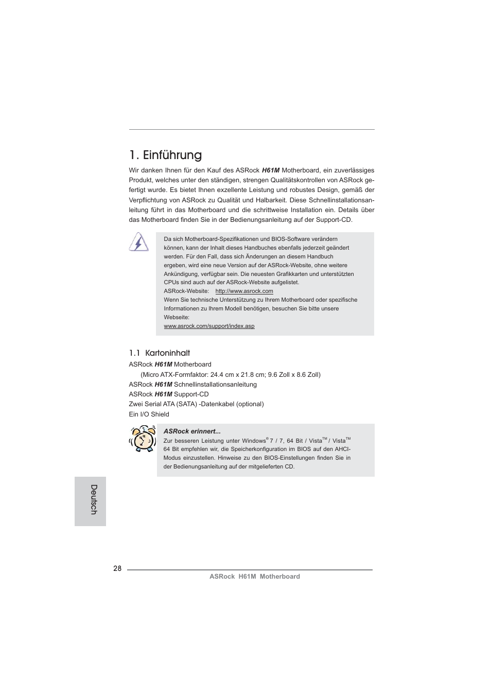 German, Einführung, 1 kartoninhalt | Deutsch | ASRock H61M User Manual | Page 28 / 158