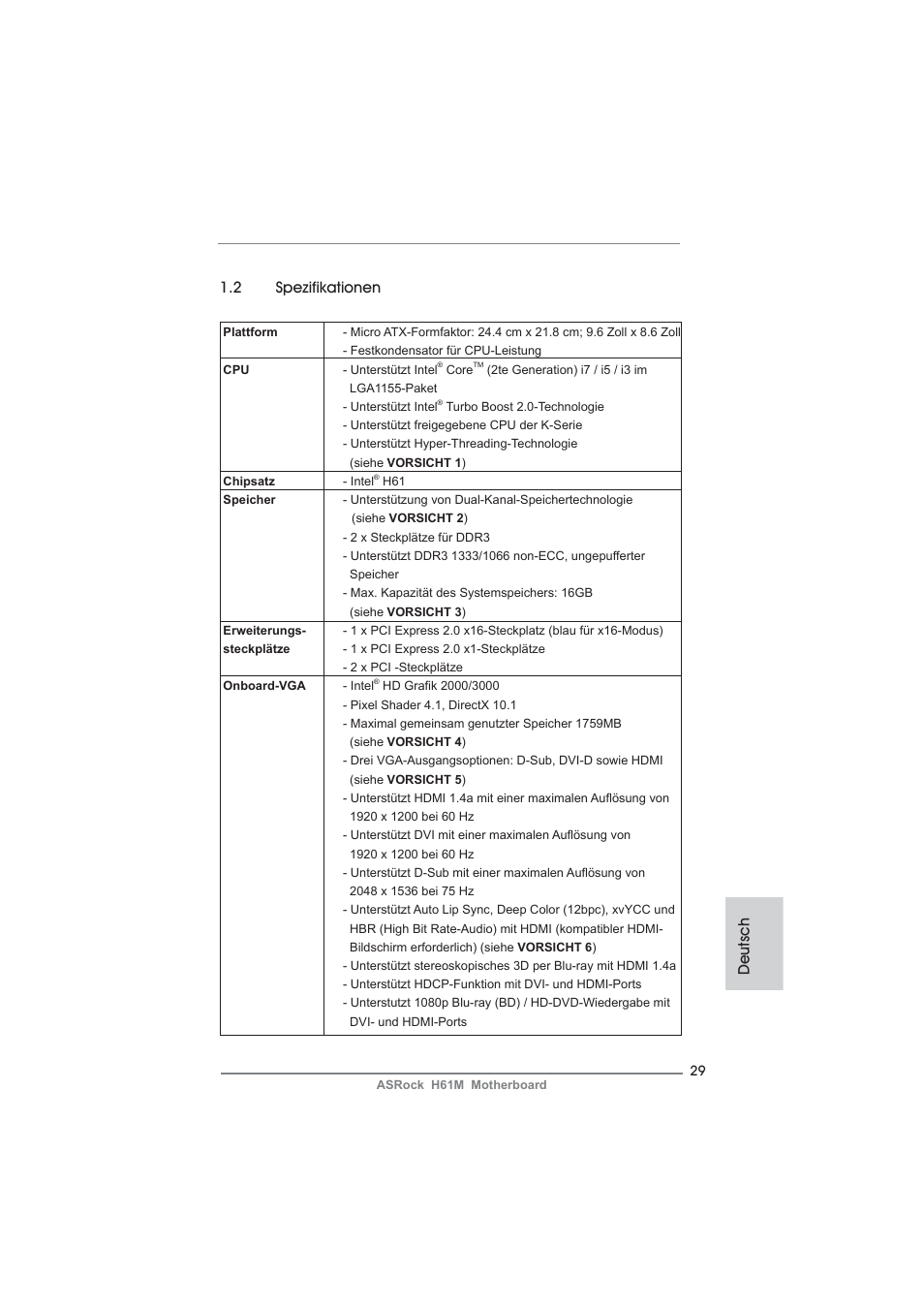 Deutsch 1.2 spezifikationen | ASRock H61M User Manual | Page 29 / 158