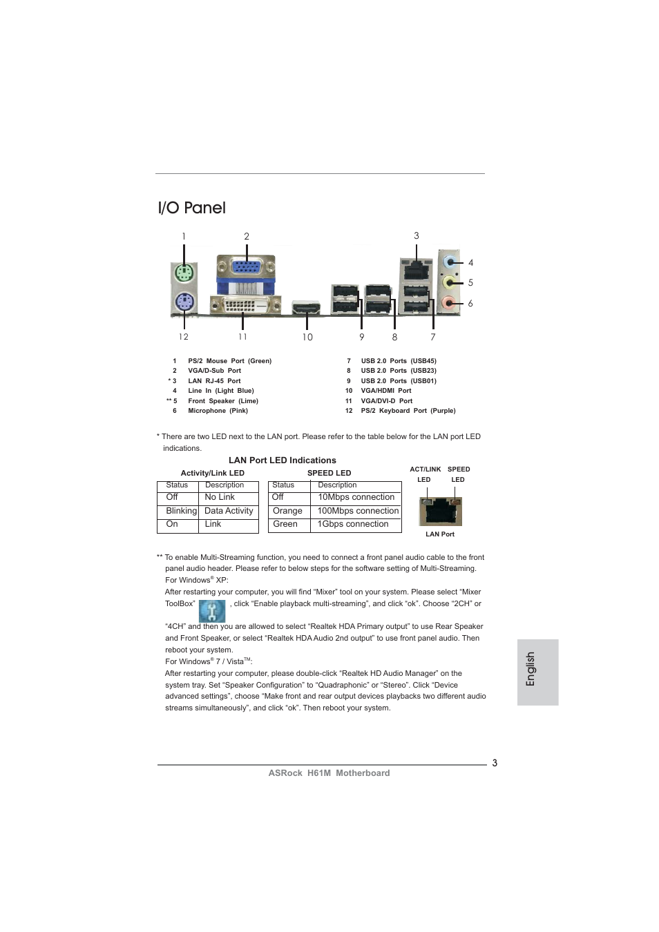 I/o panel, English | ASRock H61M User Manual | Page 3 / 158