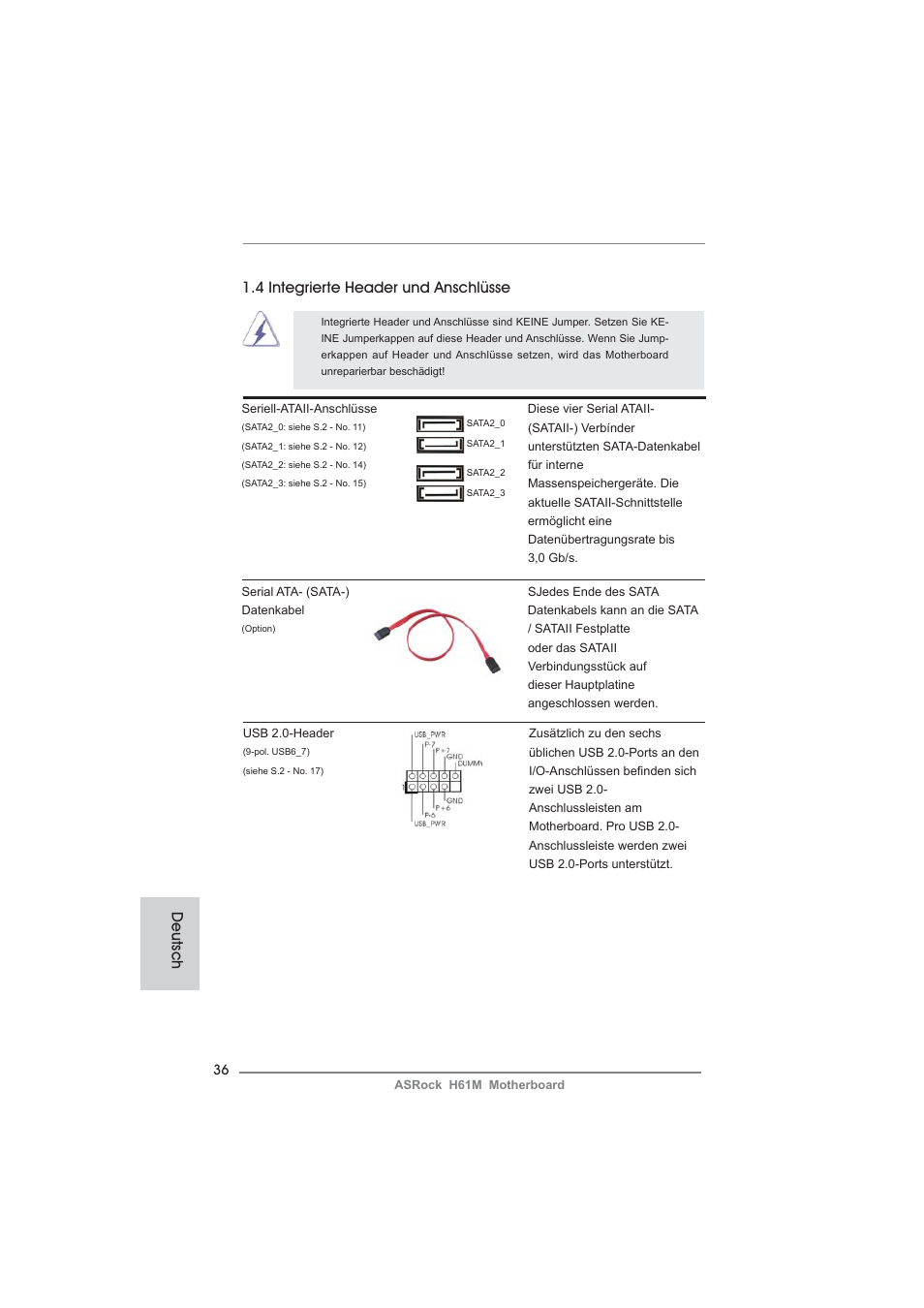 4 integrierte header und anschlüsse, Deutsch | ASRock H61M User Manual | Page 36 / 158